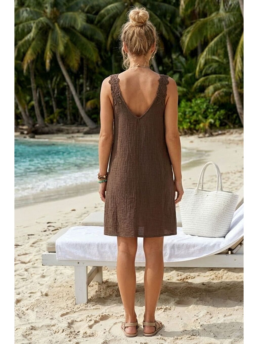 Kahverengi Havuz Yaka Kolsuz Dantelli Omuz Casual Müslin Dokuma Elbise 95 63-5