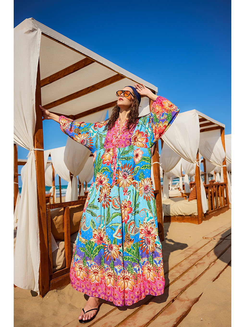 Kadın Çicek Desenli Elbise Mavi-1