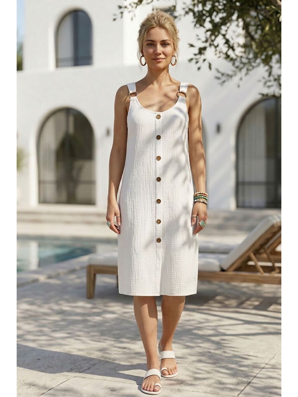 Beyaz Askılı Düğmeli Cepsiz Metal Halkalı Casual Müslin Dokuma Elbise 102 55-2