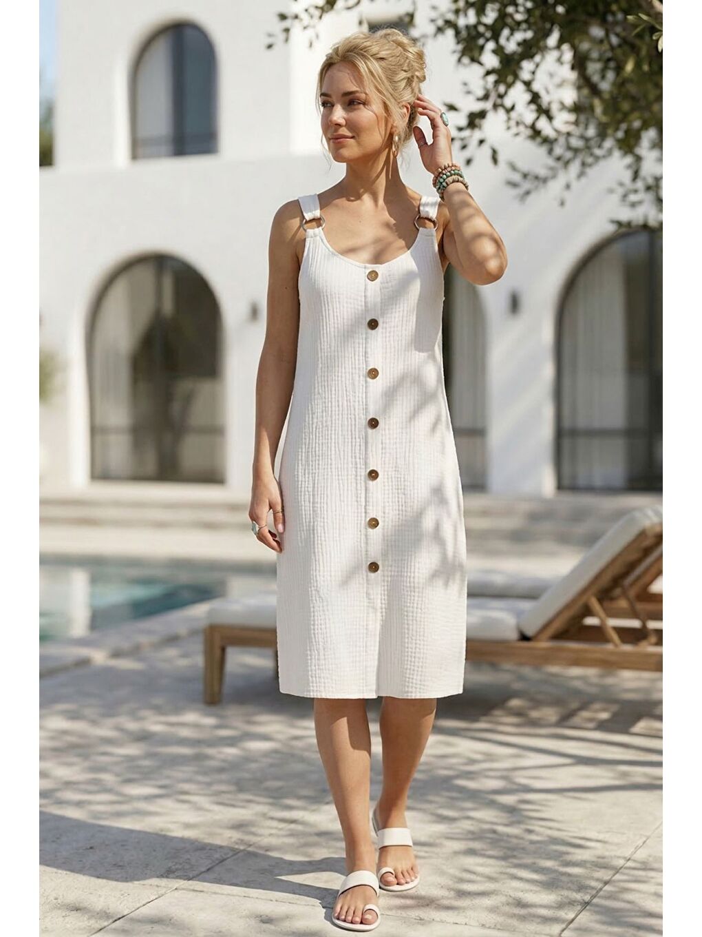 Beyaz Askılı Düğmeli Cepsiz Metal Halkalı Casual Müslin Dokuma Elbise 102 55-3