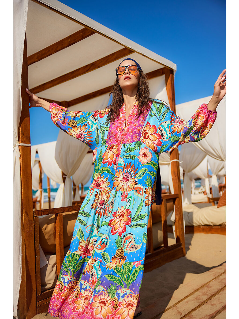 Kadın Çicek Desenli Elbise Mavi-2