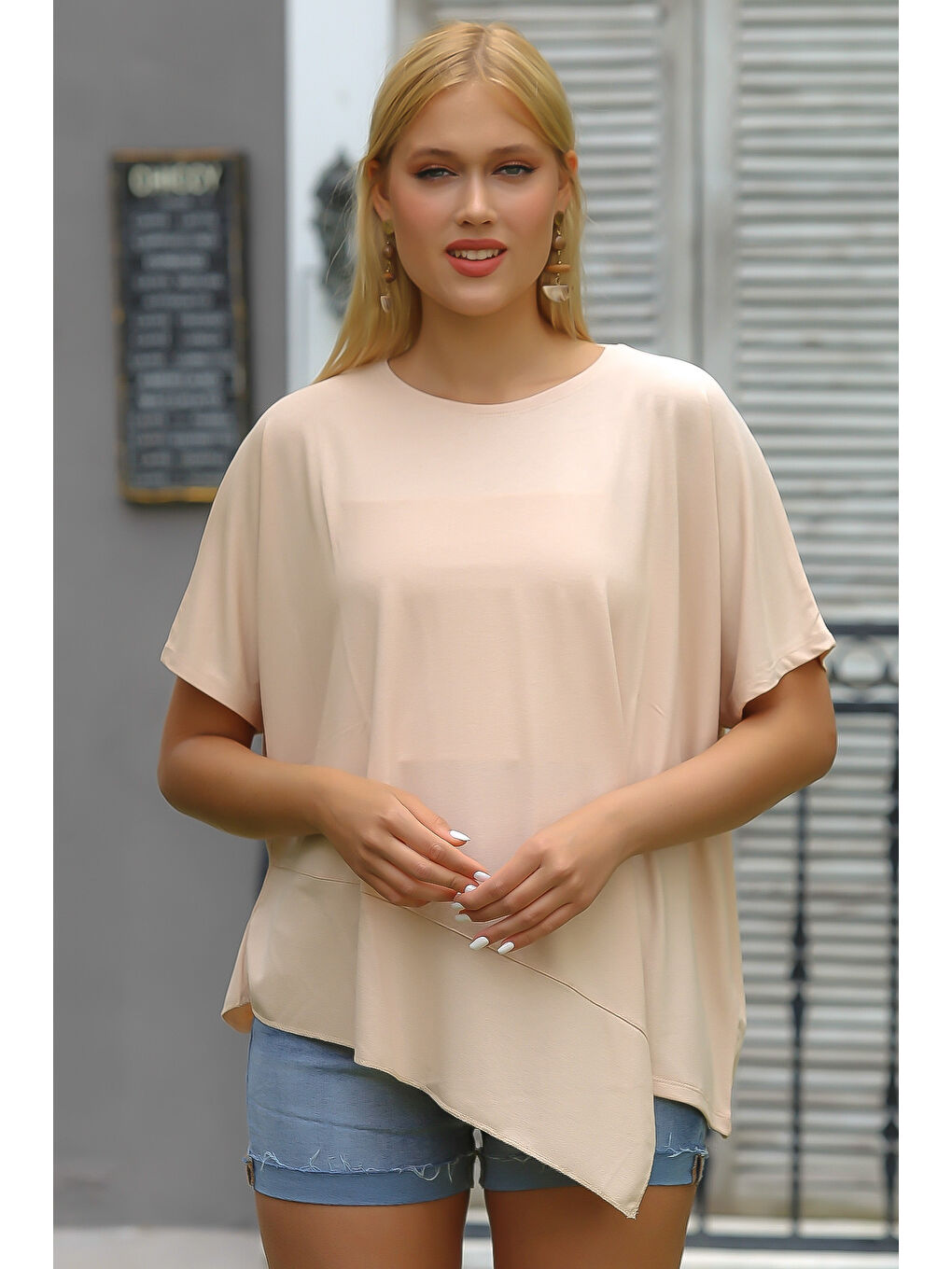 Pembe Somon Rengi Yuvarlak Yaka Yarasa Kol Örme Asimetrik Bluz-2