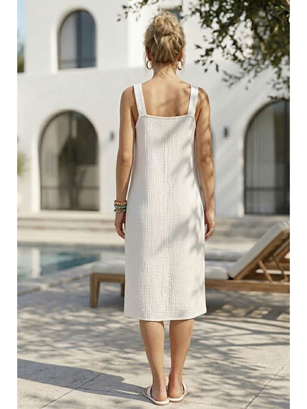 Beyaz Askılı Düğmeli Cepsiz Metal Halkalı Casual Müslin Dokuma Elbise 102 55-5