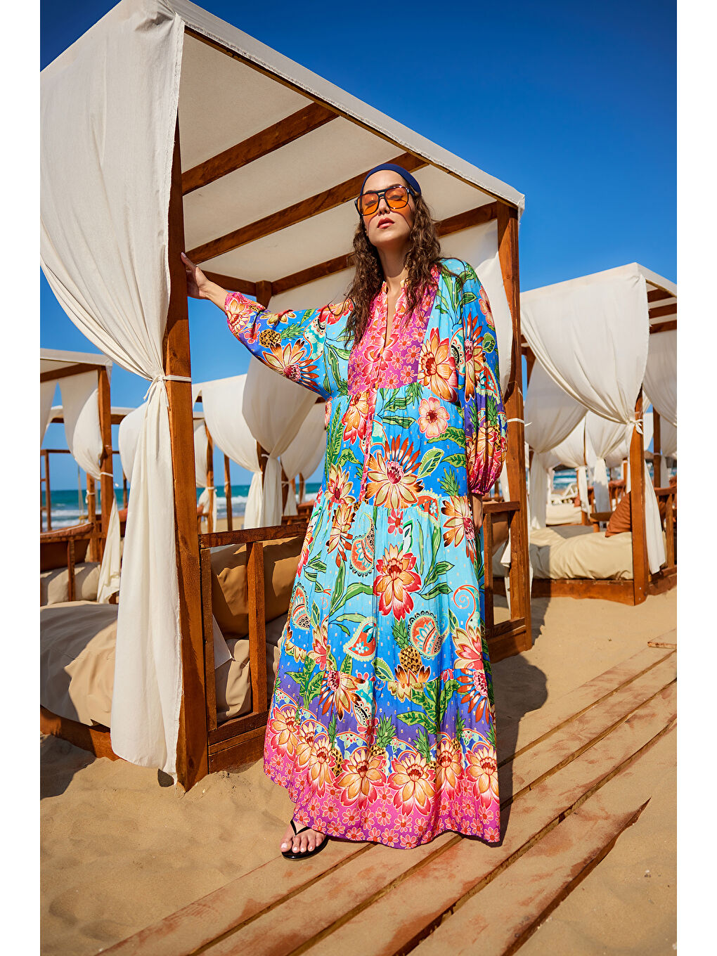 Kadın Çicek Desenli Elbise Mavi-3