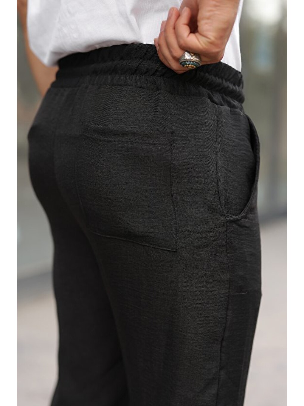Siyah Erkek Beli Lastikli Pera Keten Pantolon-2