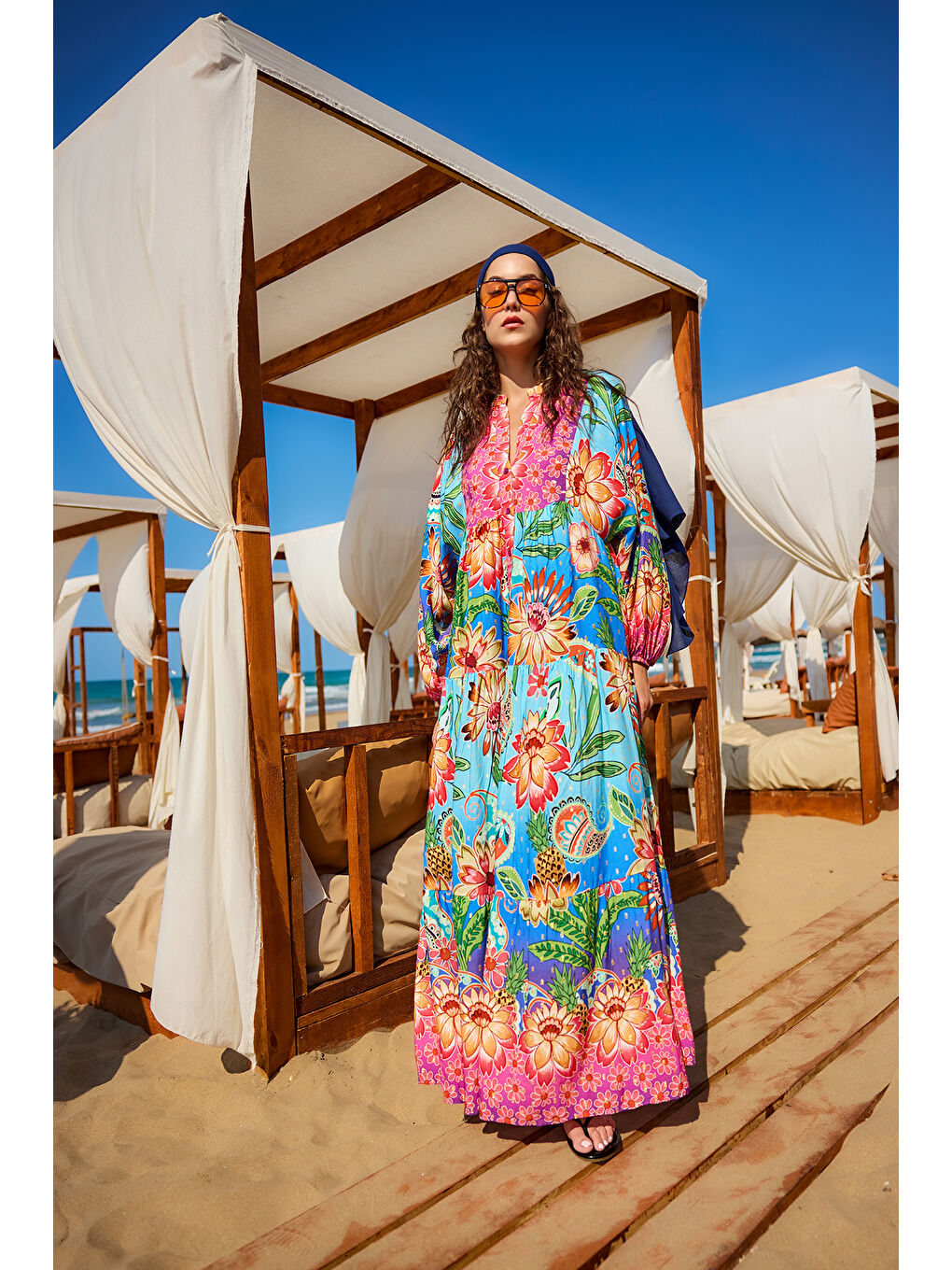 Kadın Çicek Desenli Elbise Mavi-4