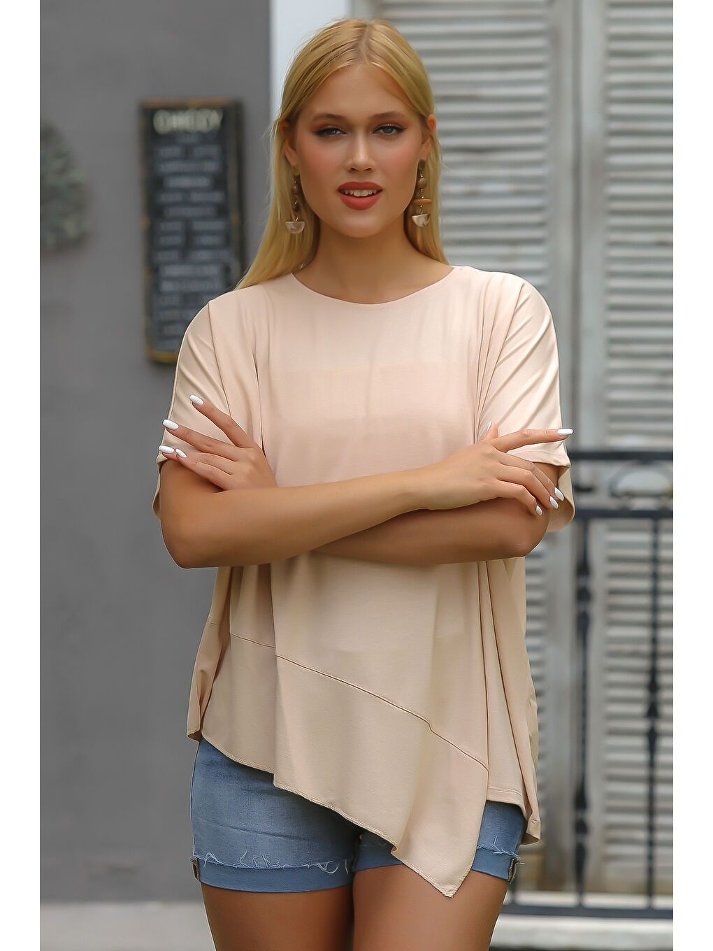 Pembe Somon Rengi Yuvarlak Yaka Yarasa Kol Örme Asimetrik Bluz-3