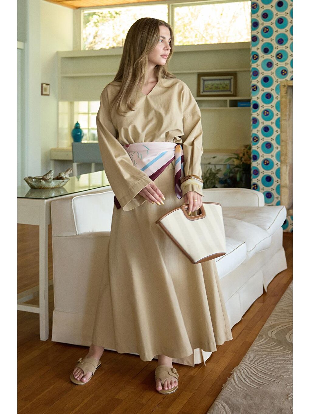 Bej Lune Keten Gömlek Etek Takım Deve Tüyü