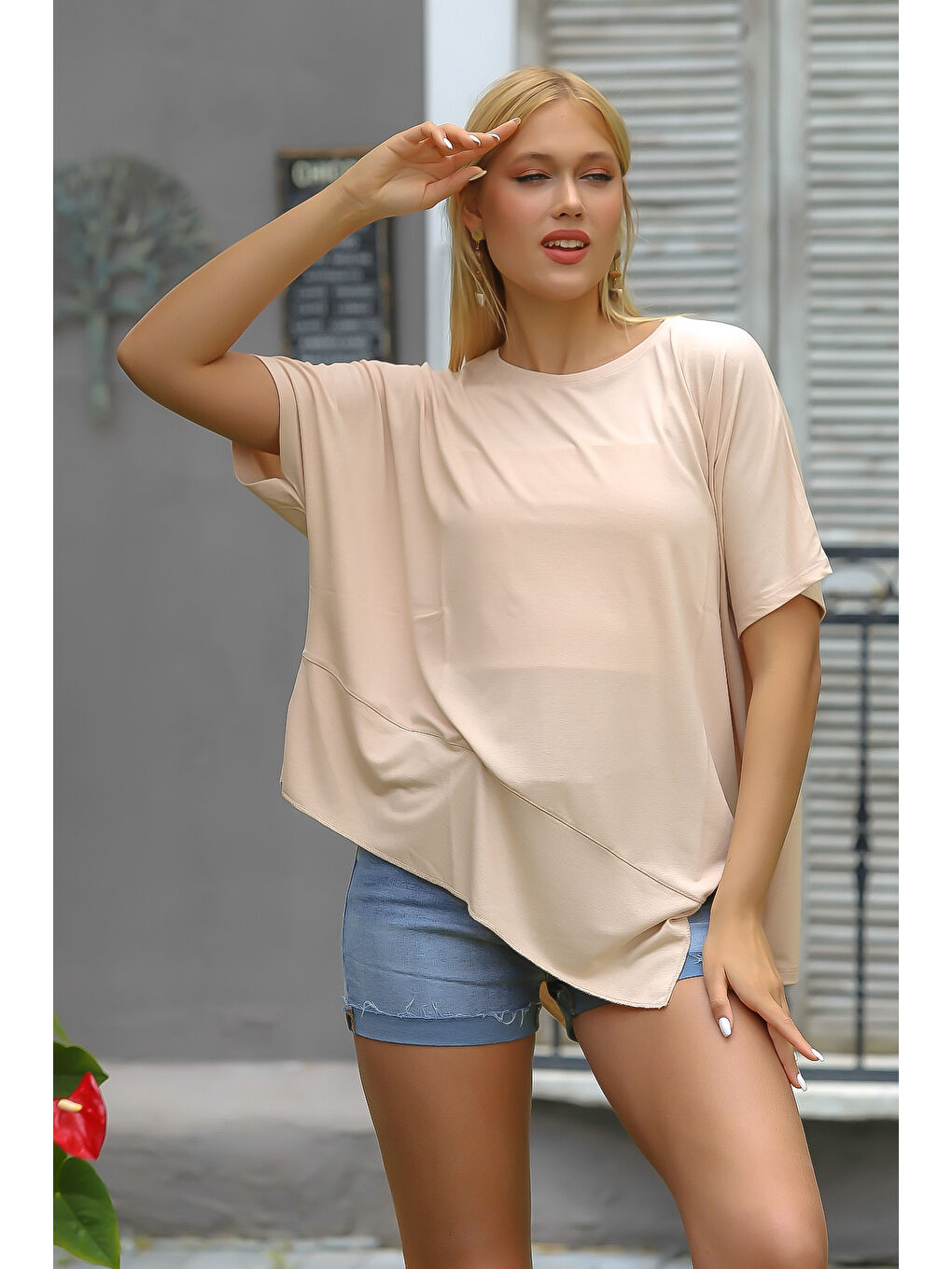 Pembe Somon Rengi Yuvarlak Yaka Yarasa Kol Örme Asimetrik Bluz-4