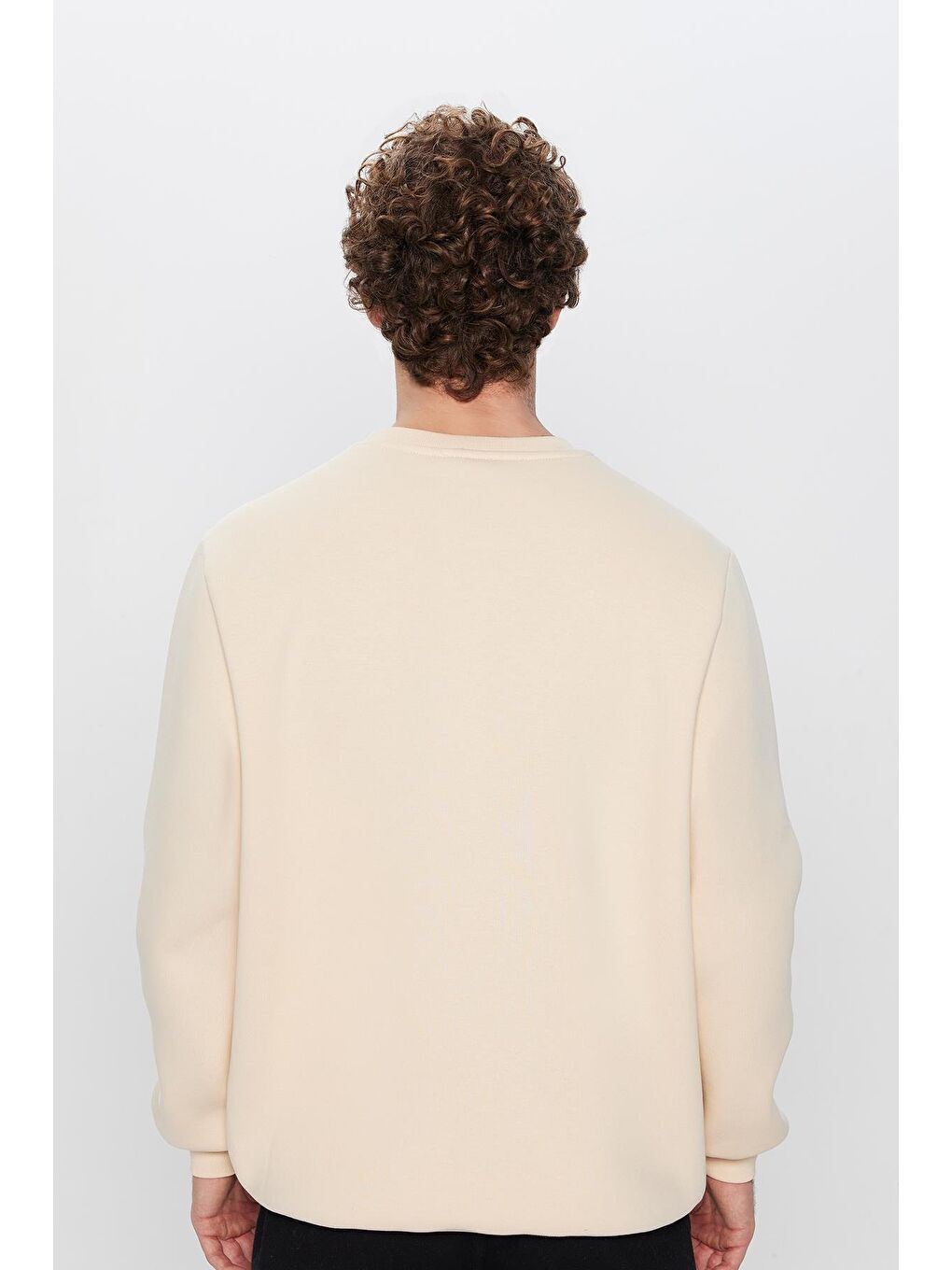 Unisex Relax Fit Rahat Kesim Pamuklu Yumuşak Dokulu İçi Polarlı Bej Renk Bisiklet Yaka Sweatshirt-4