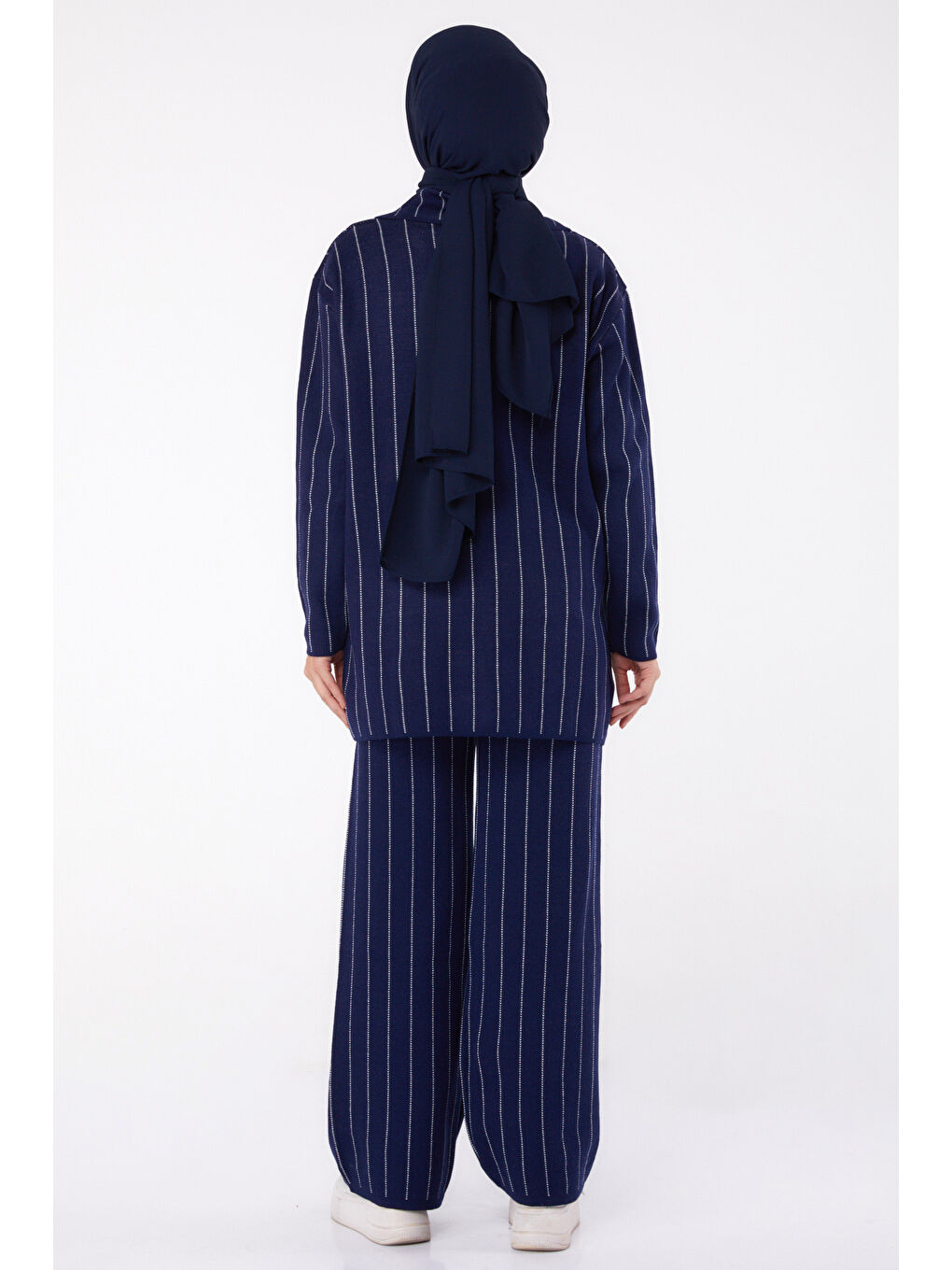 Düğmeli Çizgili Triko İkili Takım Lacivert - 27666-4