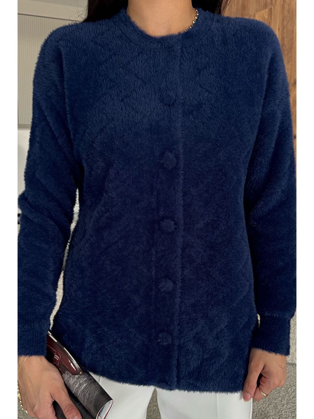 Lacivert Kadın Ön Düğmeli Yumoş İplik Triko Ceket (s-m-l Uyumludur)-1