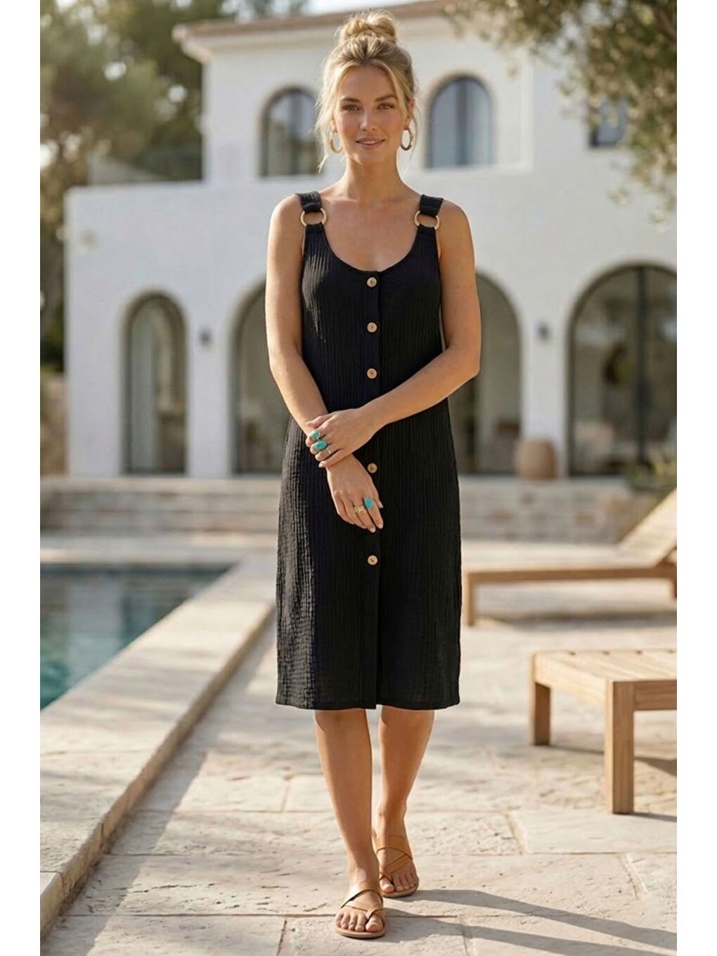 Siyah Askılı Düğmeli Cepsiz Metal Halkalı Casual Müslin Dokuma Elbise 102 55-2