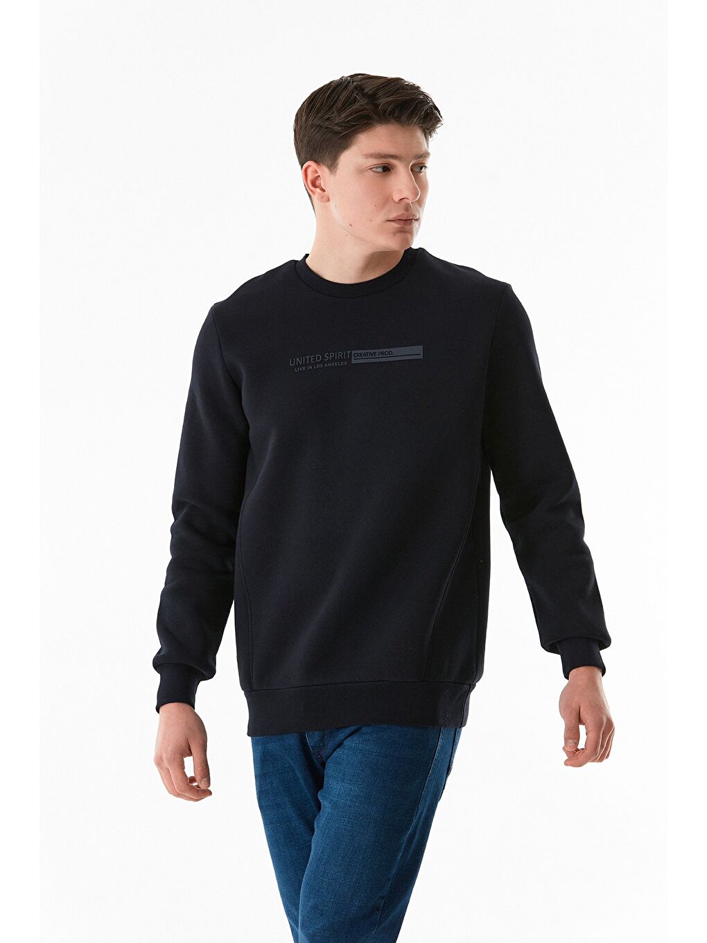 Lacivert 3 İplik Kabartma Baskılı Bisiklet Yaka Sweatshirt