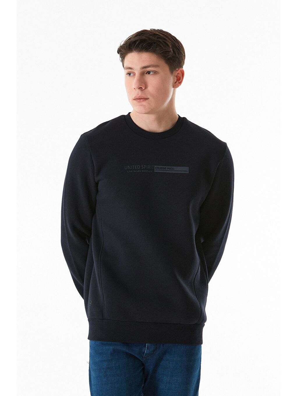 Lacivert 3 İplik Kabartma Baskılı Bisiklet Yaka Sweatshirt-1