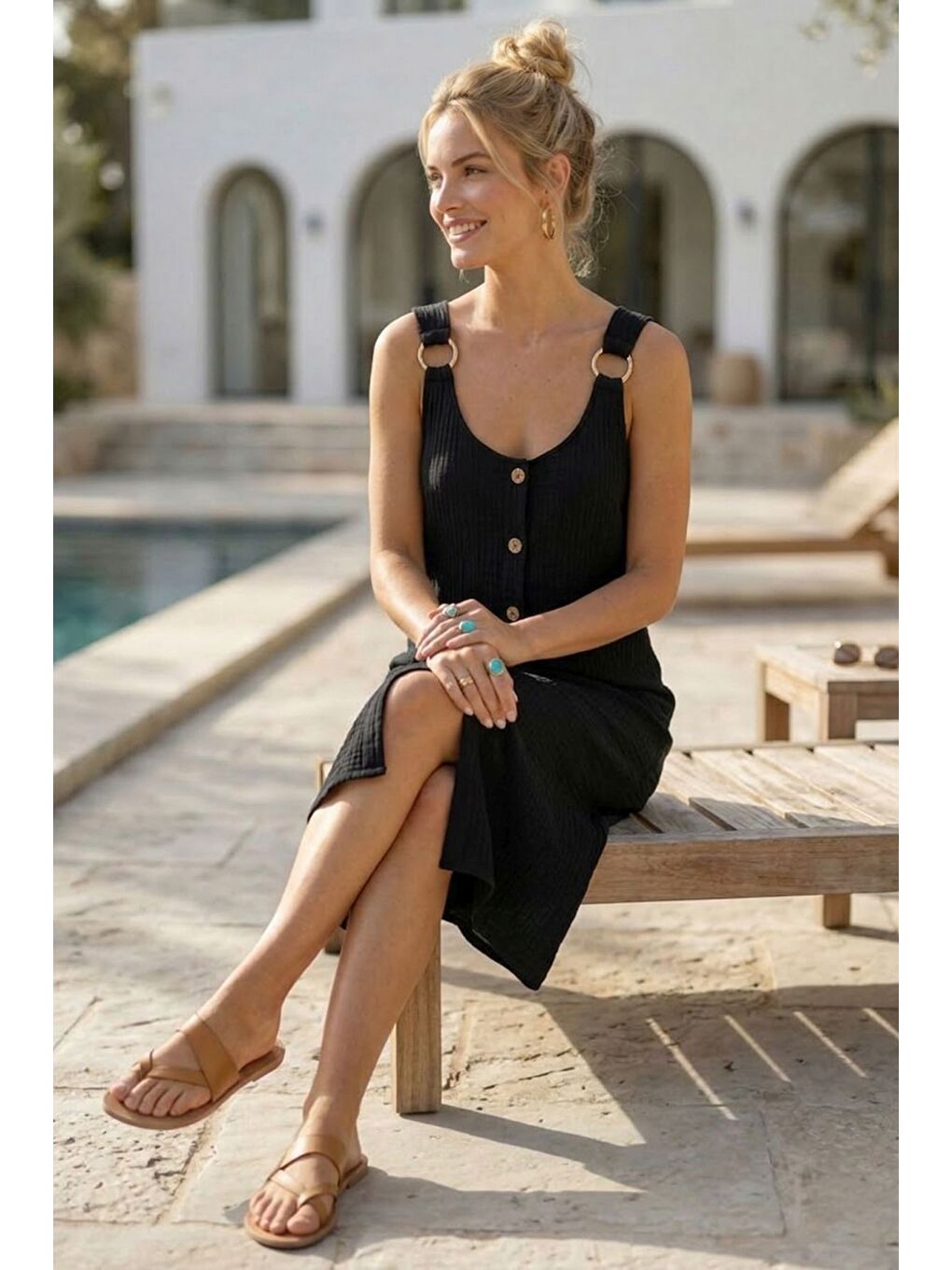 Siyah Askılı Düğmeli Cepsiz Metal Halkalı Casual Müslin Dokuma Elbise 102 55-4