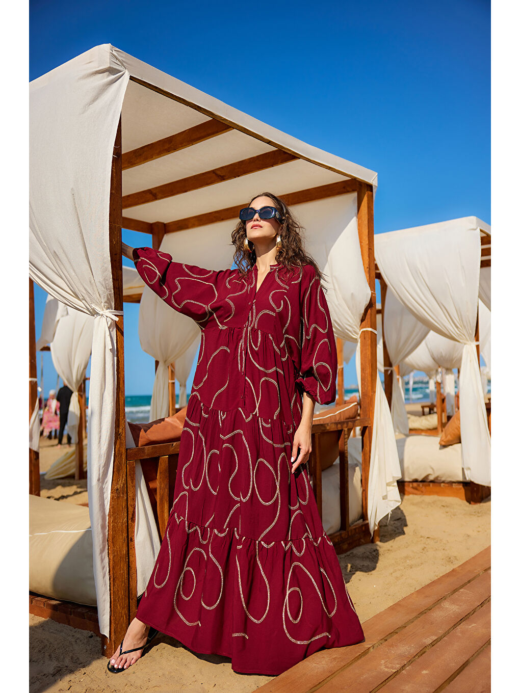 Kadın Gold Dikiş Detaylı Elbise Bordo-1