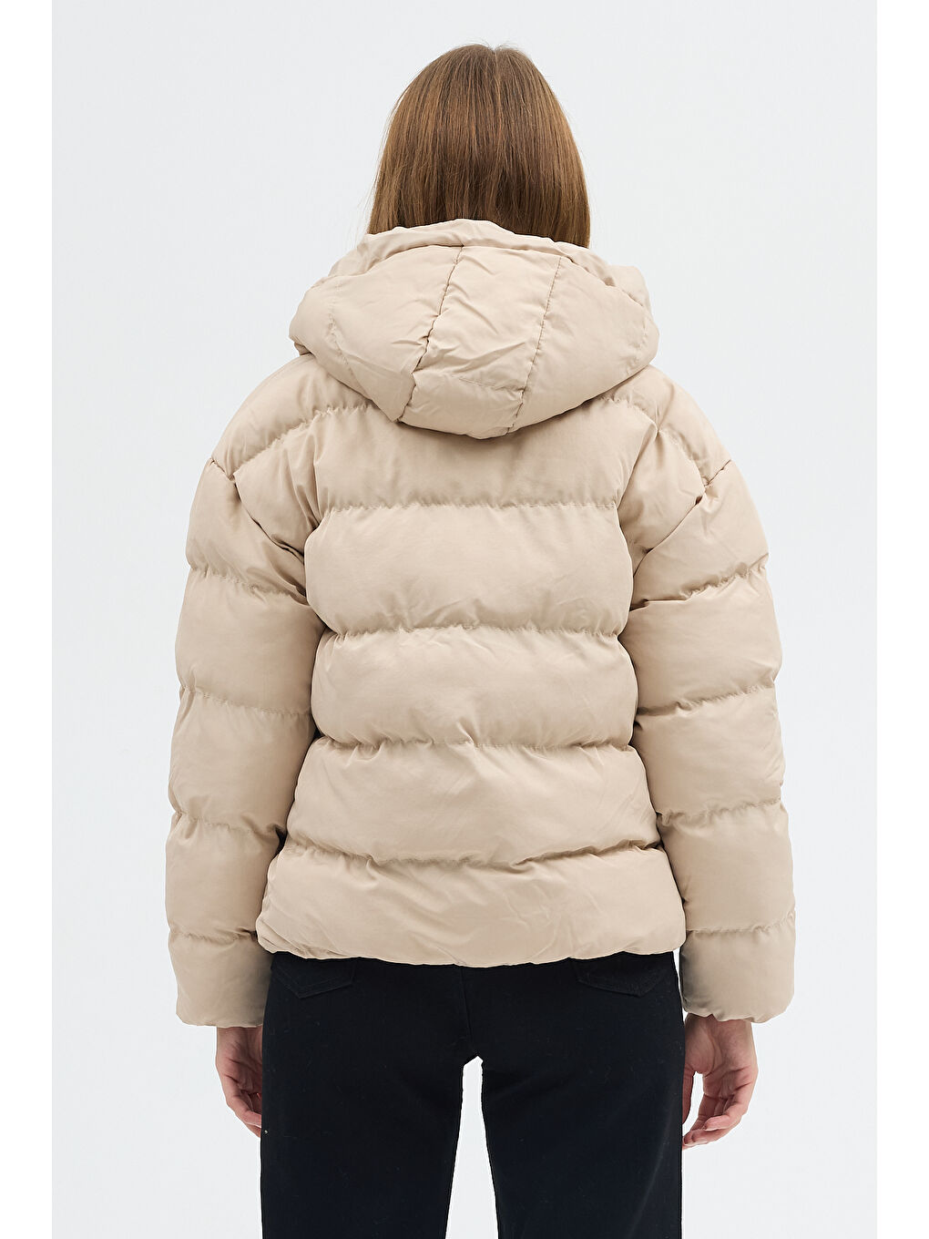 Ekru Kadın Krem Çift Cepli Fermuarlı Su İtici Kumaş Normal Kesim Dolumlu Şişme Mont-4