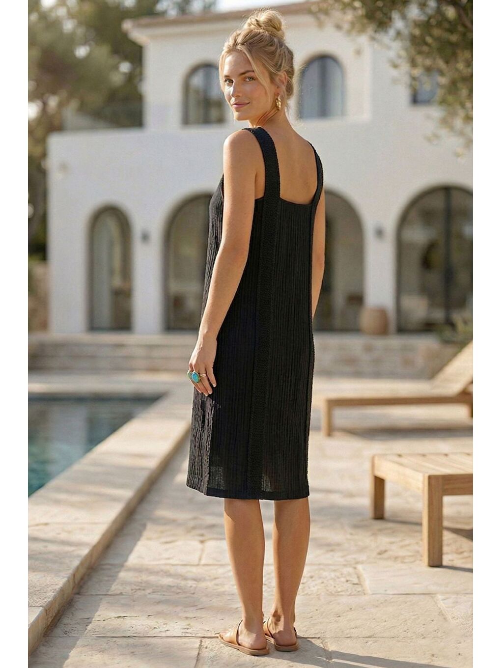 Siyah Askılı Düğmeli Cepsiz Metal Halkalı Casual Müslin Dokuma Elbise 102 55-5