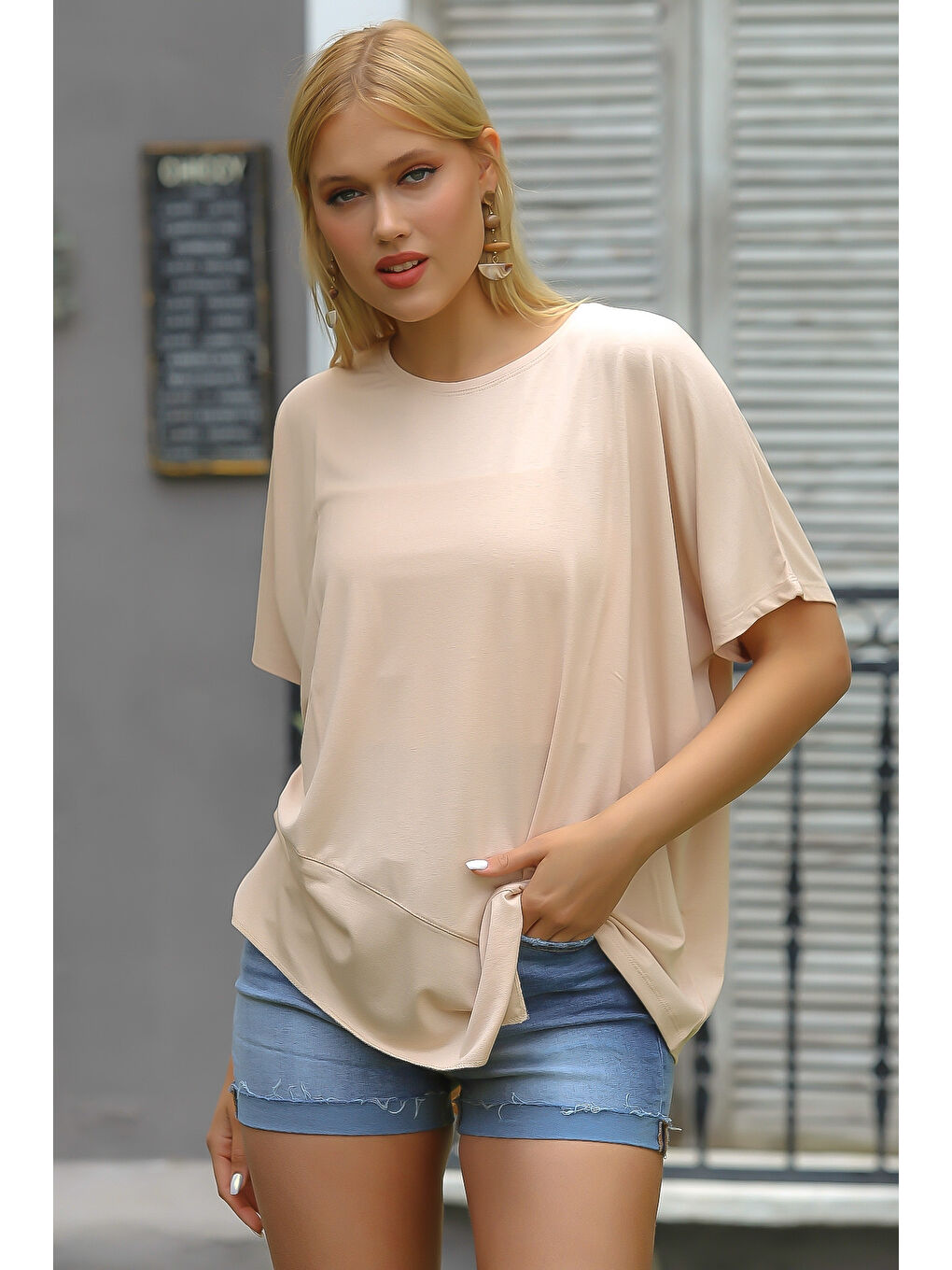 Pembe Somon Rengi Yuvarlak Yaka Yarasa Kol Örme Asimetrik Bluz-5