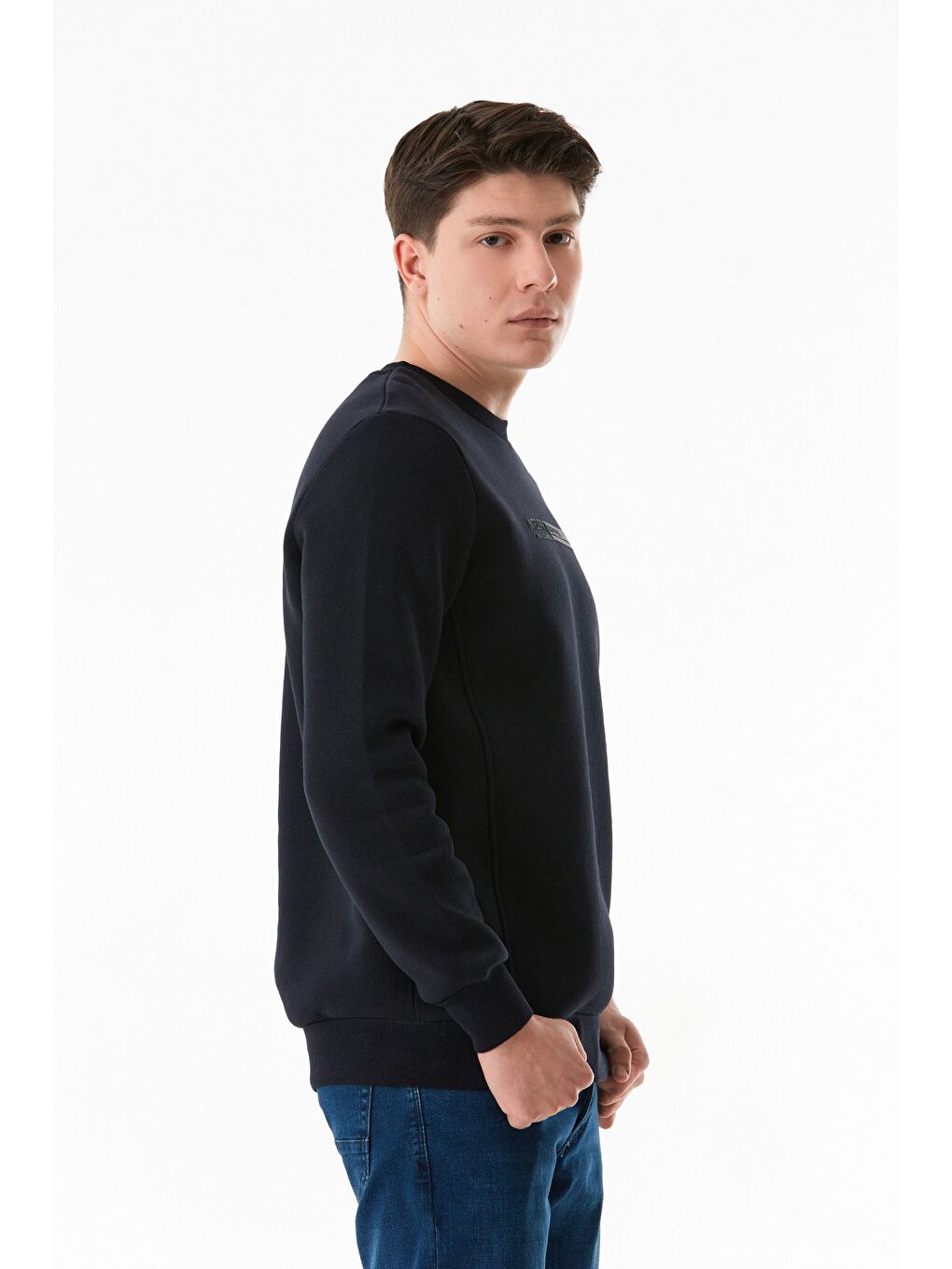 Lacivert 3 İplik Kabartma Baskılı Bisiklet Yaka Sweatshirt-3