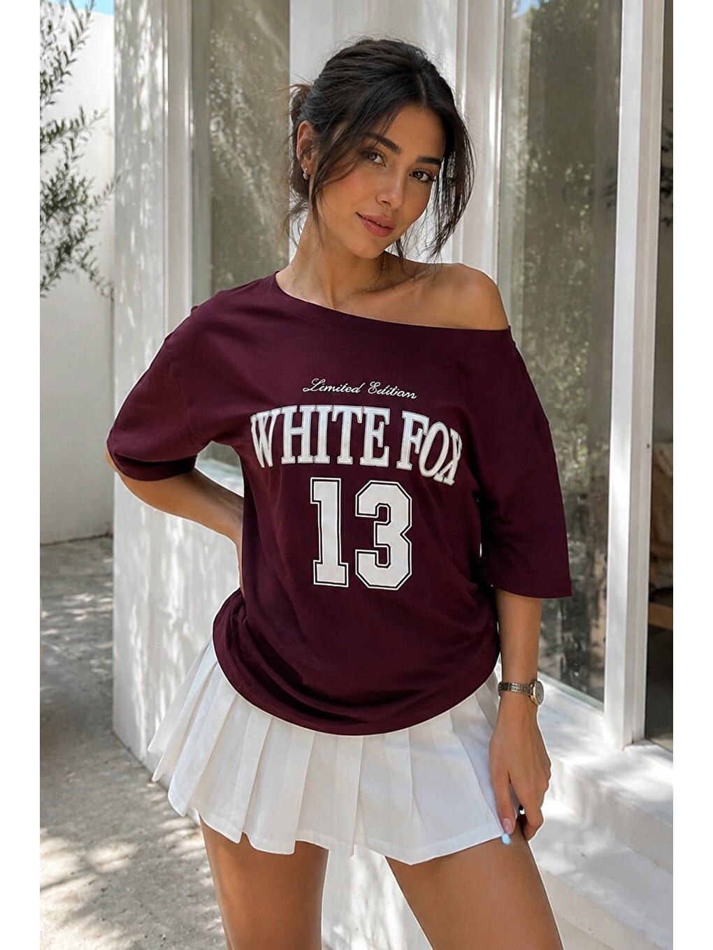 Bordo Kayık Yaka Oversize Baskılı Tişört Mg2824-1