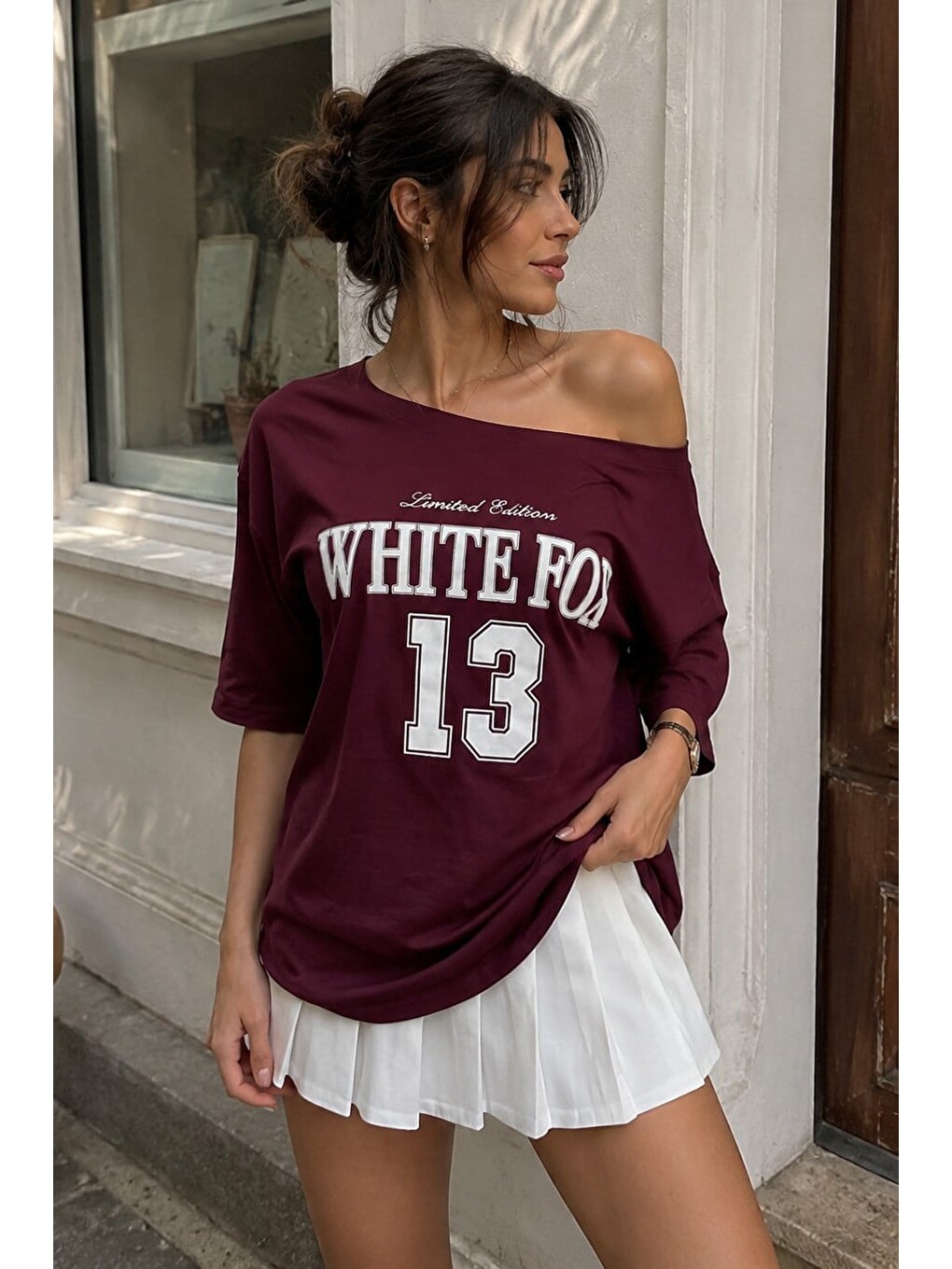 Bordo Kayık Yaka Oversize Baskılı Tişört Mg2824-2