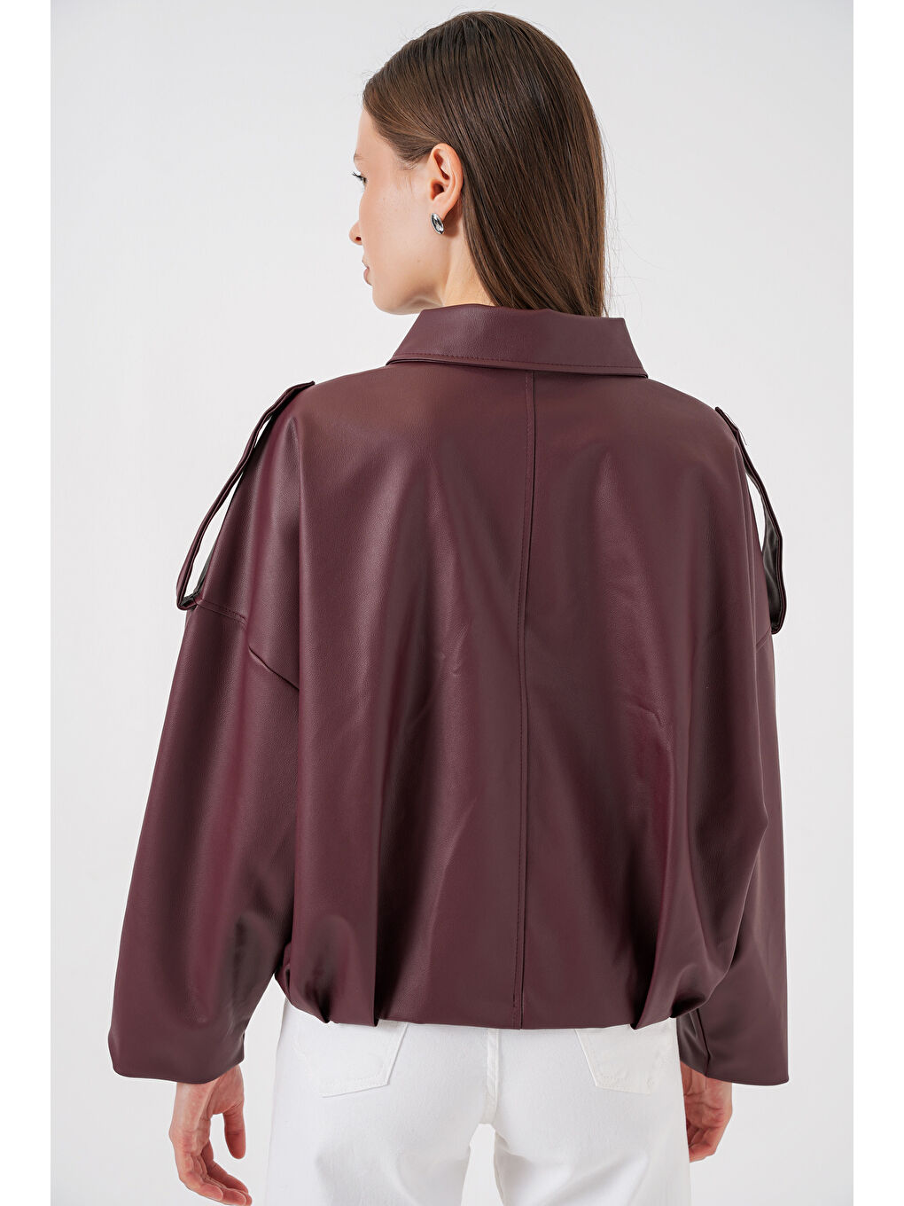 Kadın Oversize Deri Ceket 1055 - Bordo-6