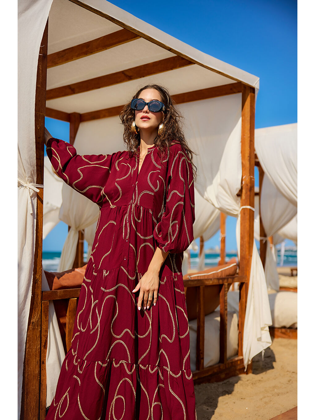 Kadın Gold Dikiş Detaylı Elbise Bordo-2