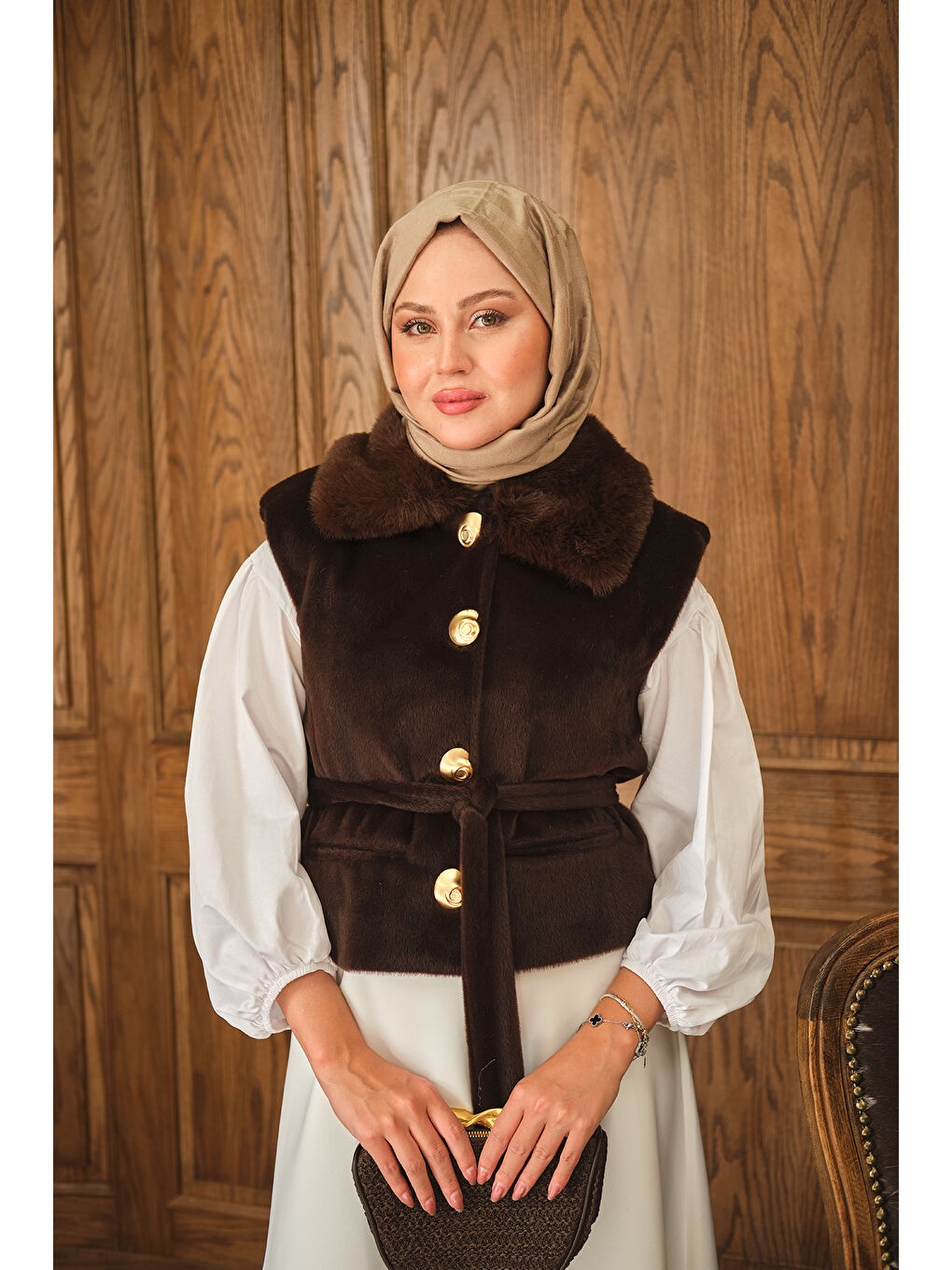 Kadın Yaka Kürklü Yelek Kahverengi