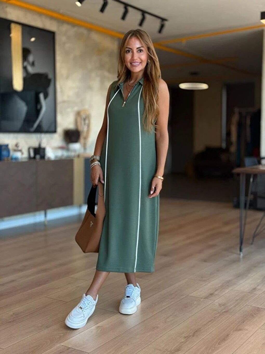 Haki Kadın Modal Kumaş şerit Detaylı Fermuarlı Midi Elbise-4