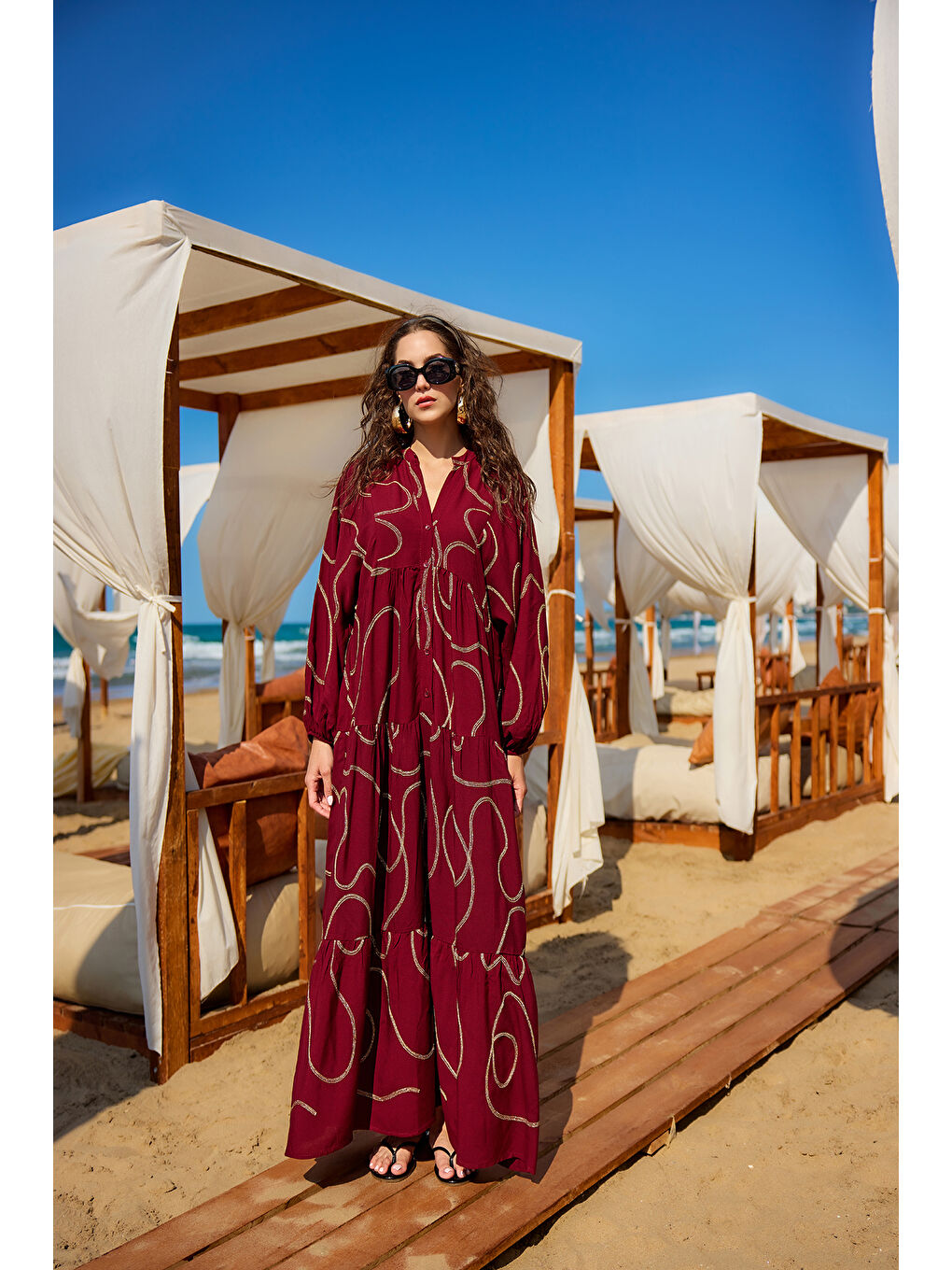 Kadın Gold Dikiş Detaylı Elbise Bordo-3