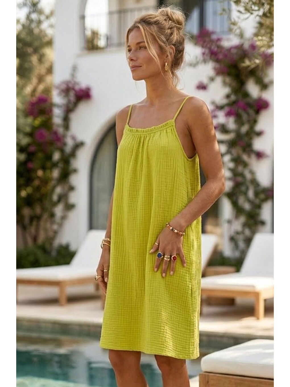 Sarı Askılı Gizli Cepli Ayarlanabilir Askılı Casual Müslin Dokuma Elbise 105 55