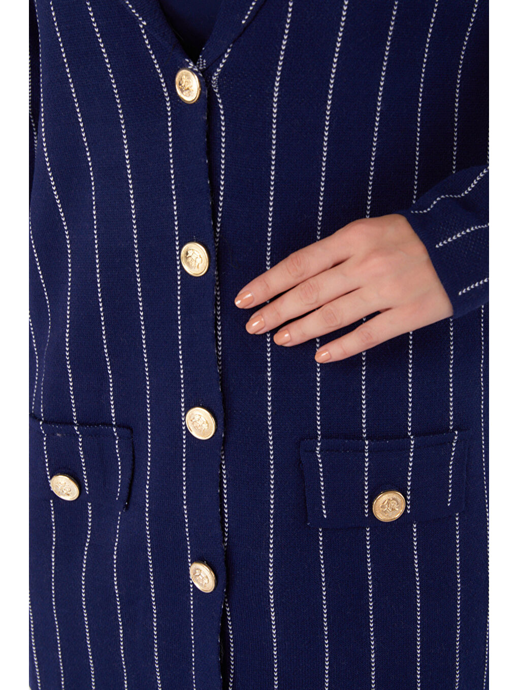 Düğmeli Çizgili Triko İkili Takım Lacivert - 27666-5