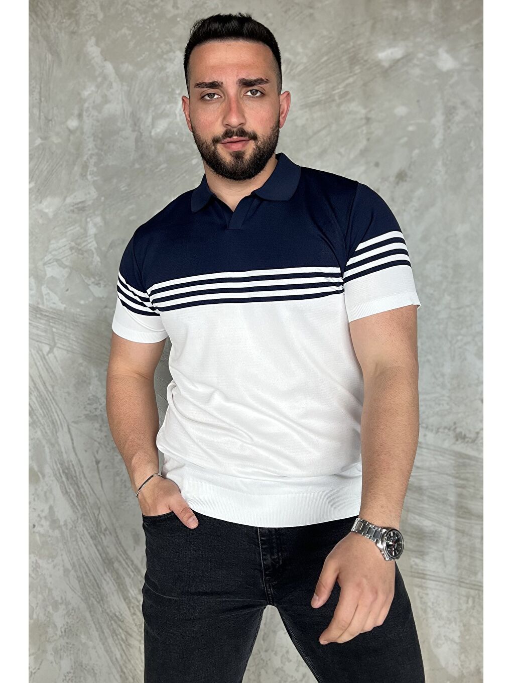 Lacivert Erkek Polo Yaka Çizgi Desenli Çift Renkli Triko Tişört-1