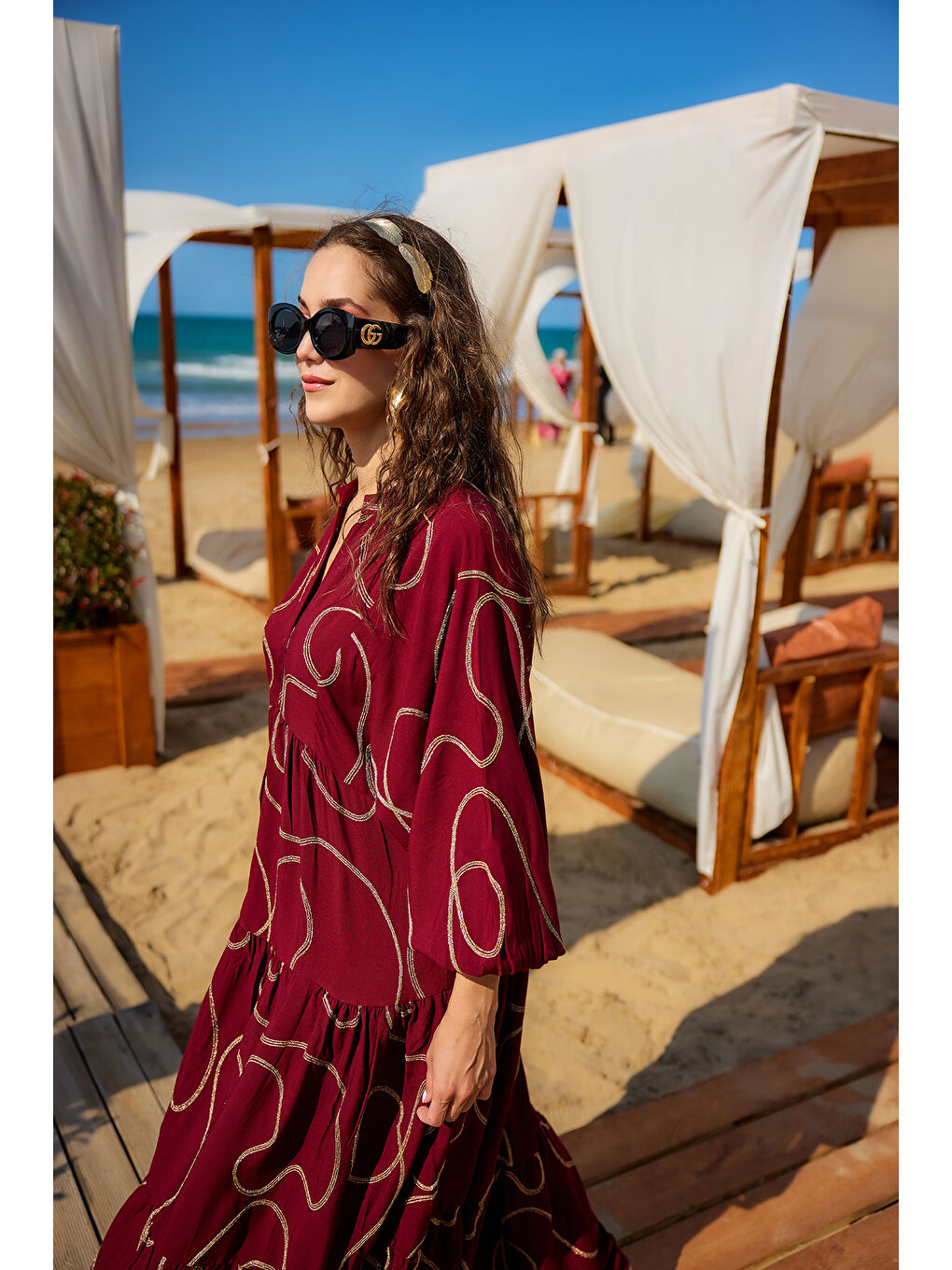 Kadın Gold Dikiş Detaylı Elbise Bordo-4