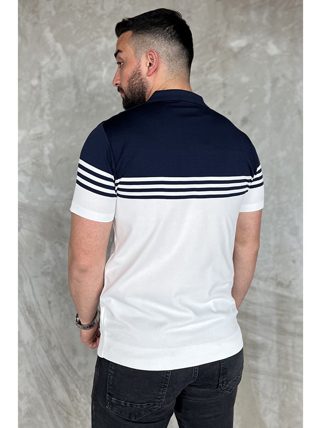 Lacivert Erkek Polo Yaka Çizgi Desenli Çift Renkli Triko Tişört-2