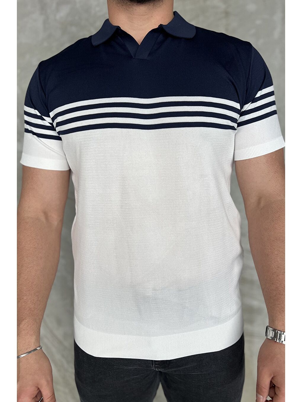 Lacivert Erkek Polo Yaka Çizgi Desenli Çift Renkli Triko Tişört-3