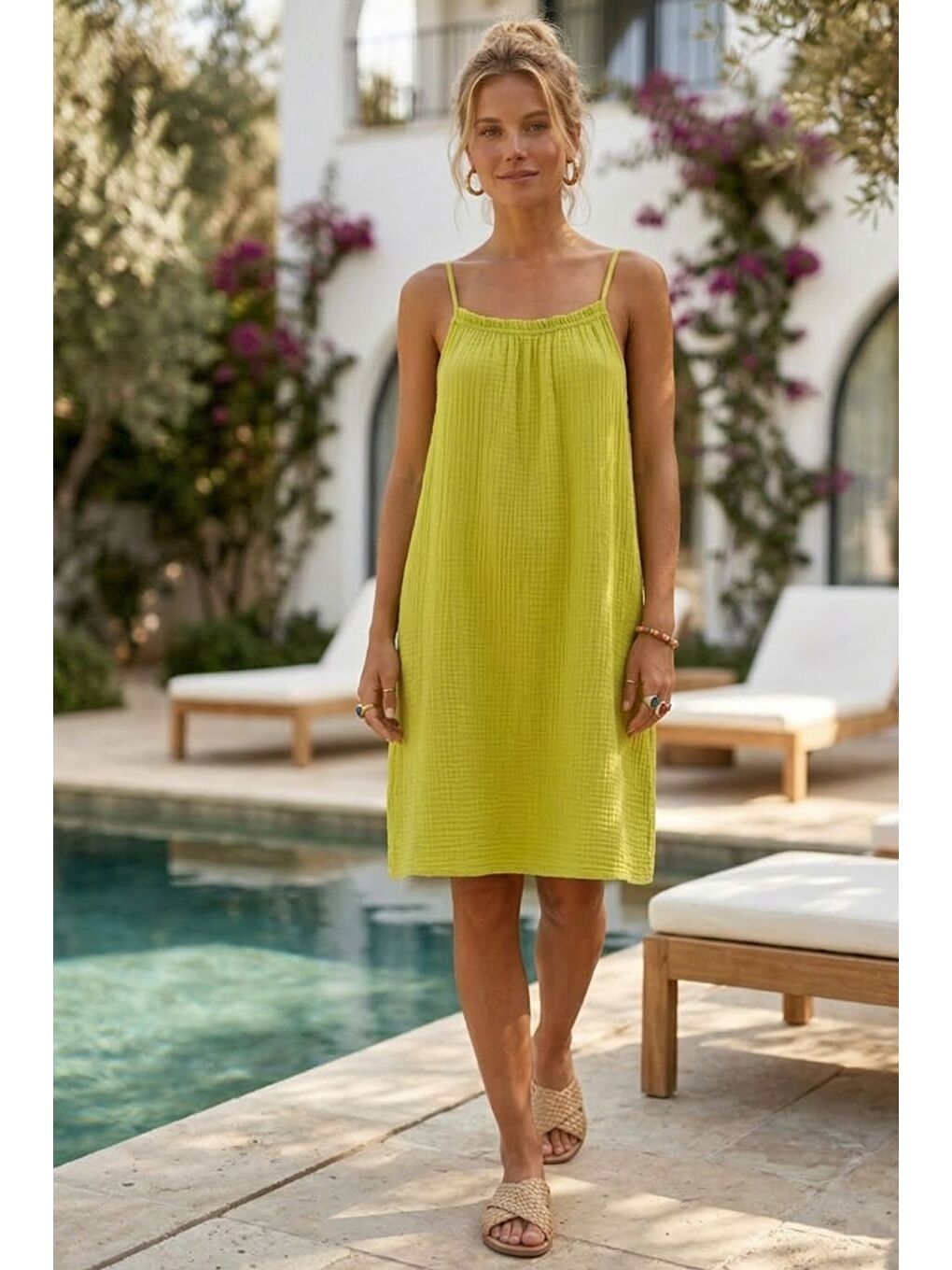 Sarı Askılı Gizli Cepli Ayarlanabilir Askılı Casual Müslin Dokuma Elbise 105 55-2