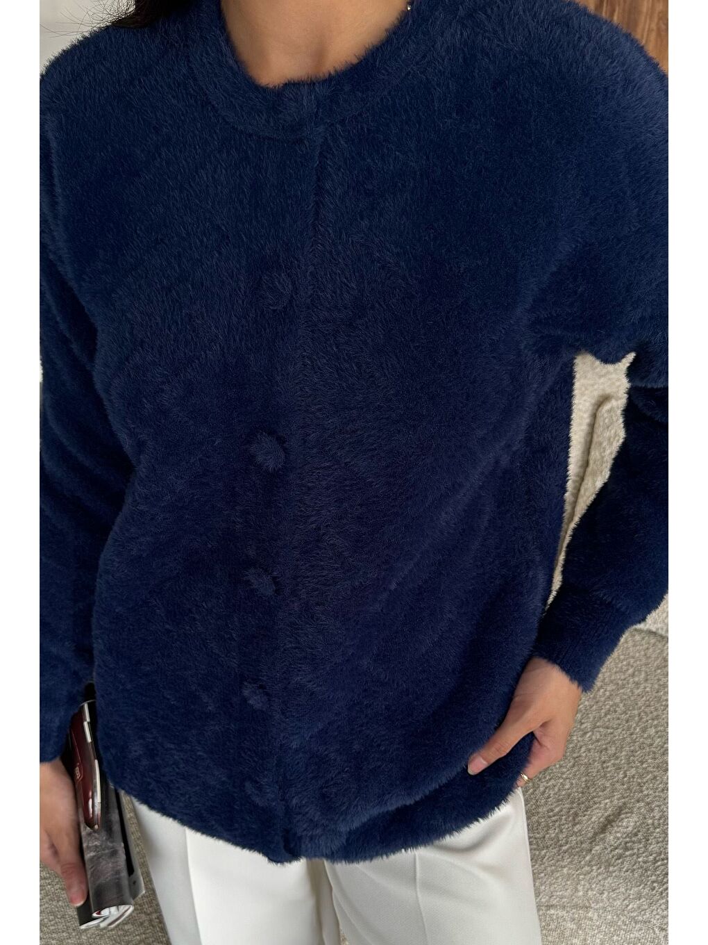 Lacivert Kadın Ön Düğmeli Yumoş İplik Triko Ceket (s-m-l Uyumludur)-2