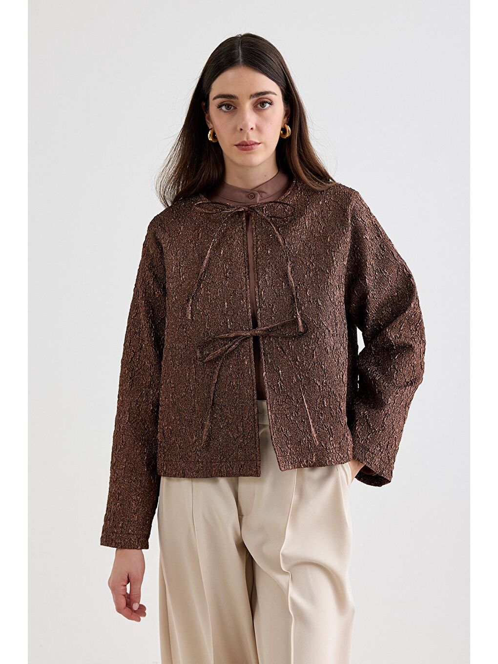 Kahverengi Mia Jakar Midi Ceket Mocha