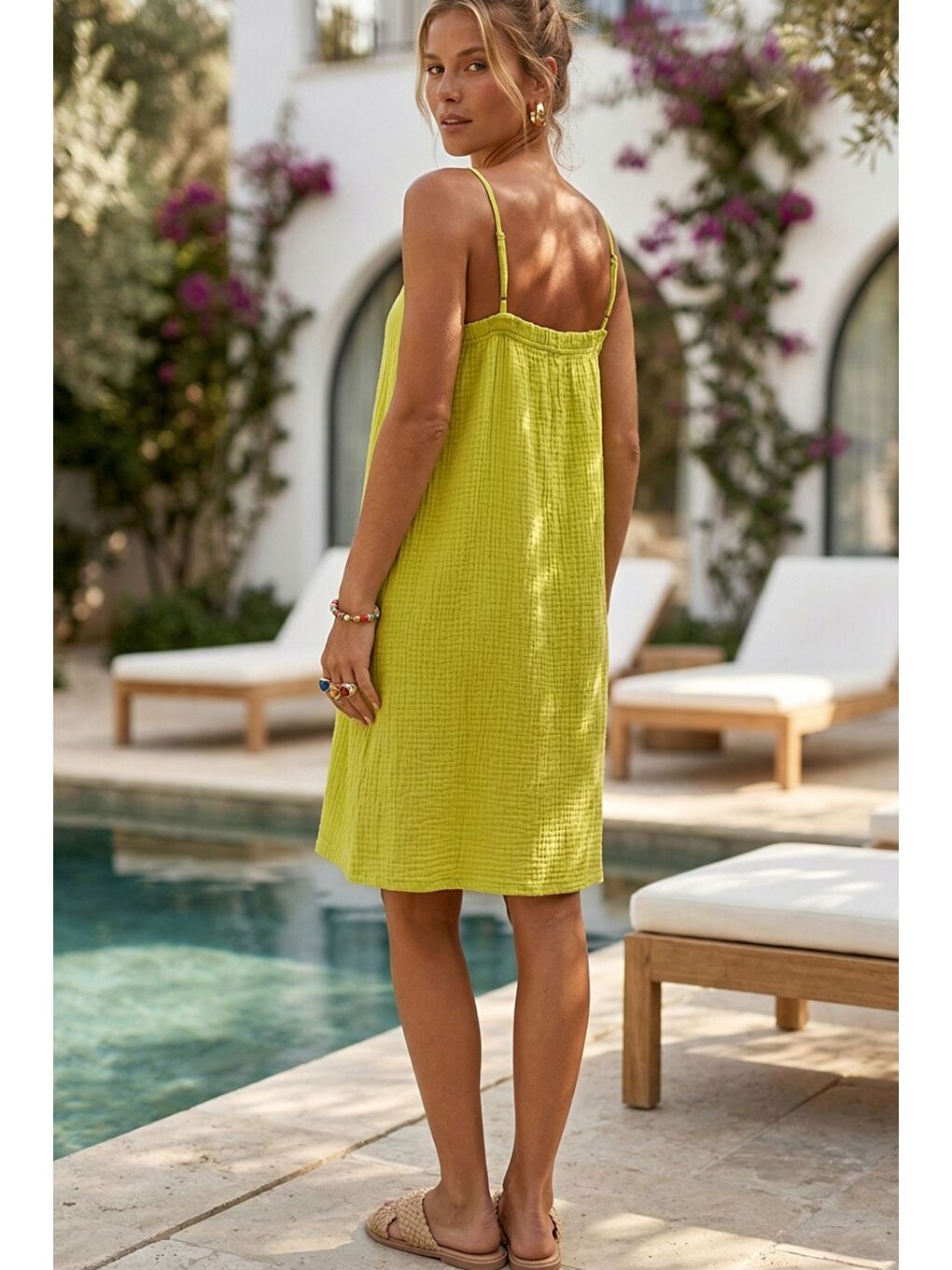 Sarı Askılı Gizli Cepli Ayarlanabilir Askılı Casual Müslin Dokuma Elbise 105 55-4