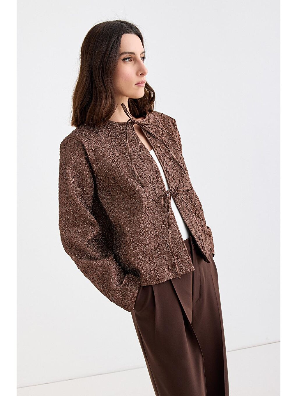 Kahverengi Mia Jakar Midi Ceket Mocha-2