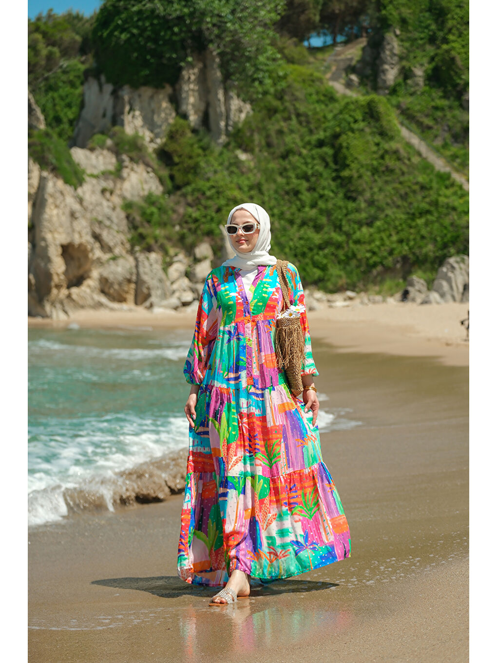 Kadın Karışık Desen Elbise Yeşil-3