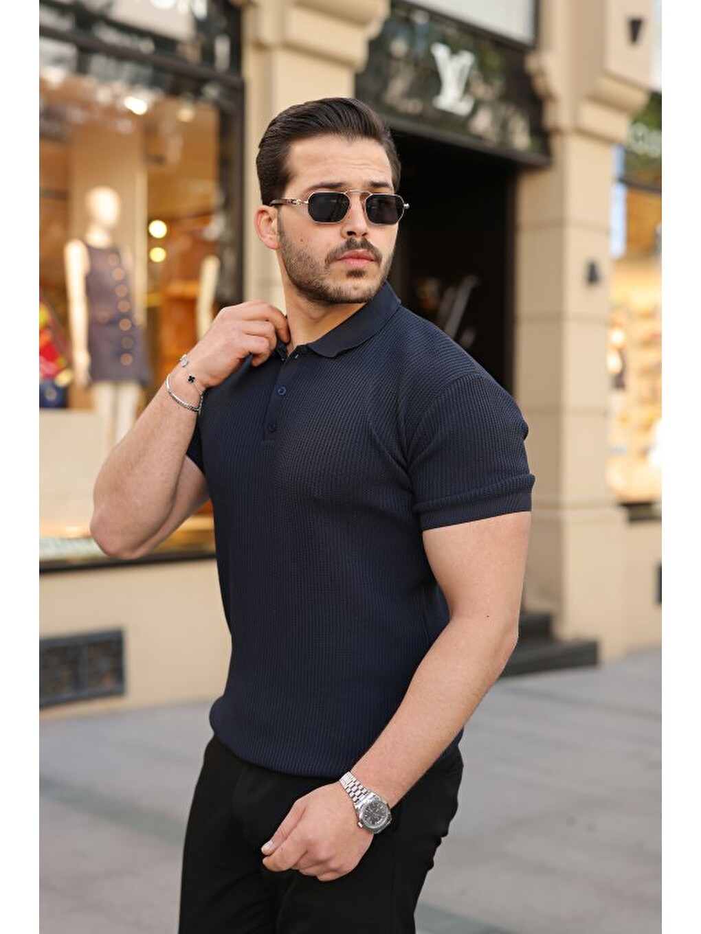 Lacivert Erkek Düğmeli Yaka Kısa Kollu Triko Tişört-2