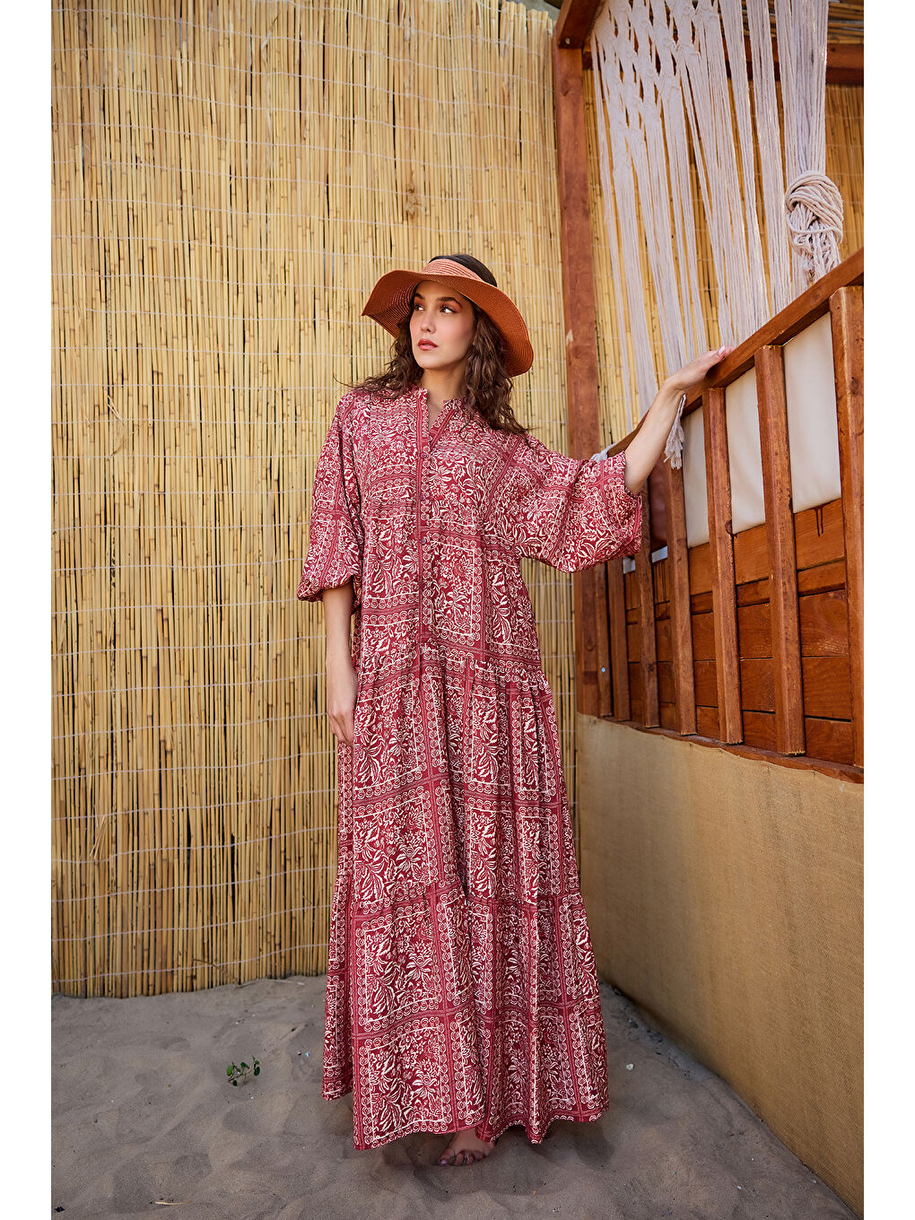 Kadın Etnik Desenli Elbise Kırmızı-1
