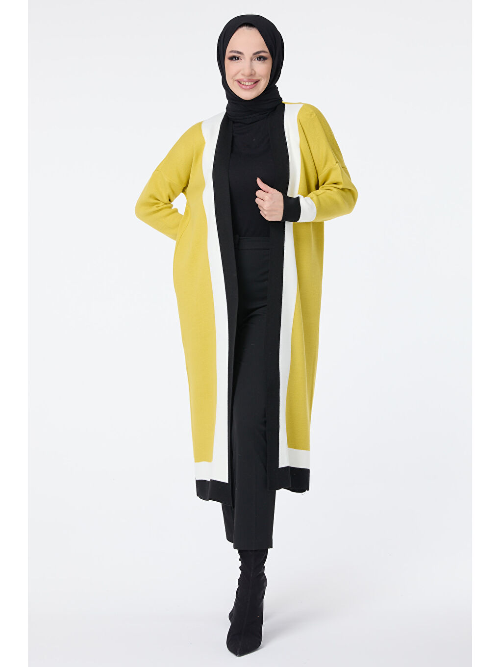 Yeşil Şerit Detaylı Triko Uzun Hırka Fistik Yesili - 27625