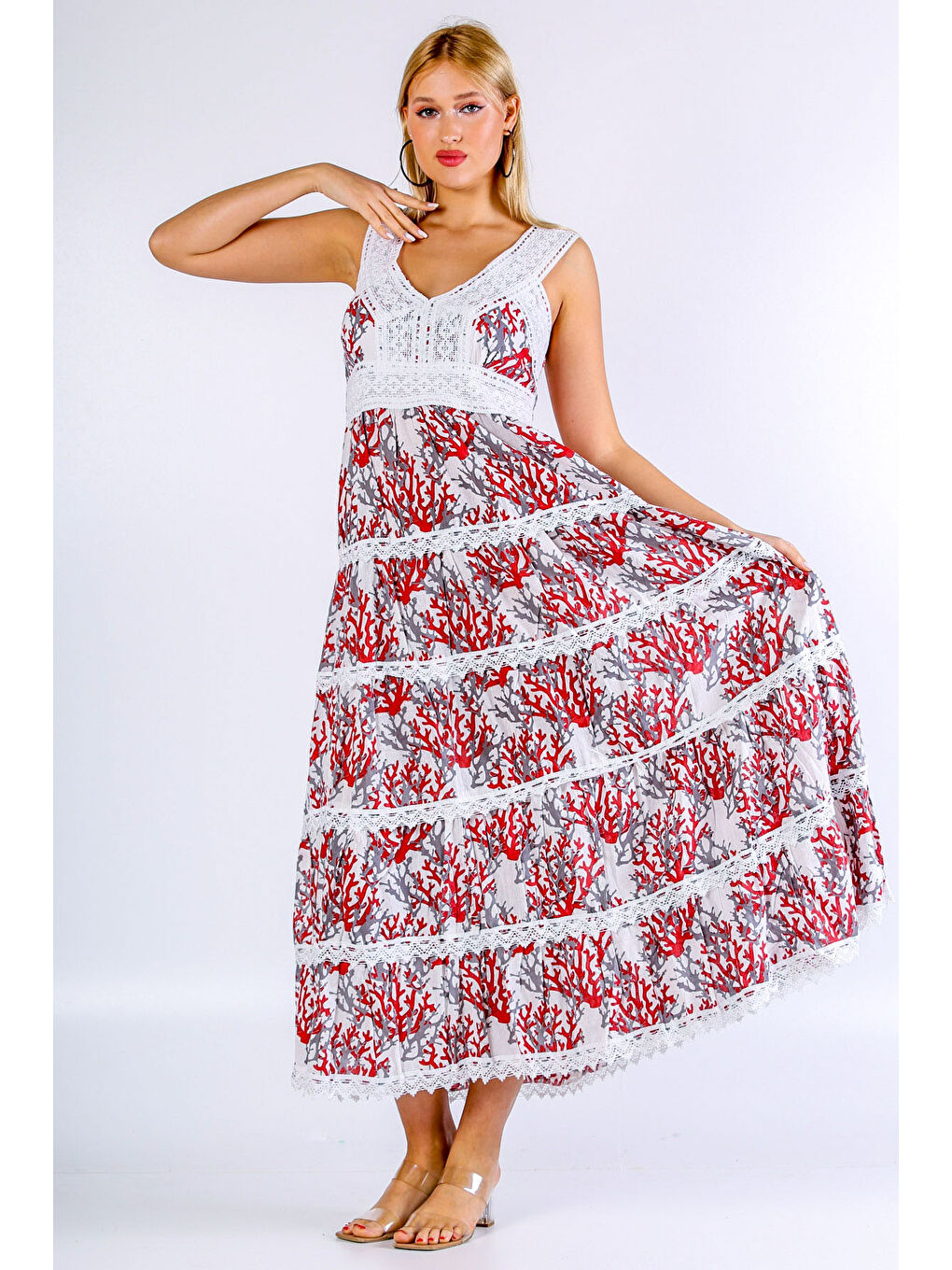 İtalyan Beyaz Kırmızı V Yaka Kolsuz Desenli Dantelli Dokuma Elbise