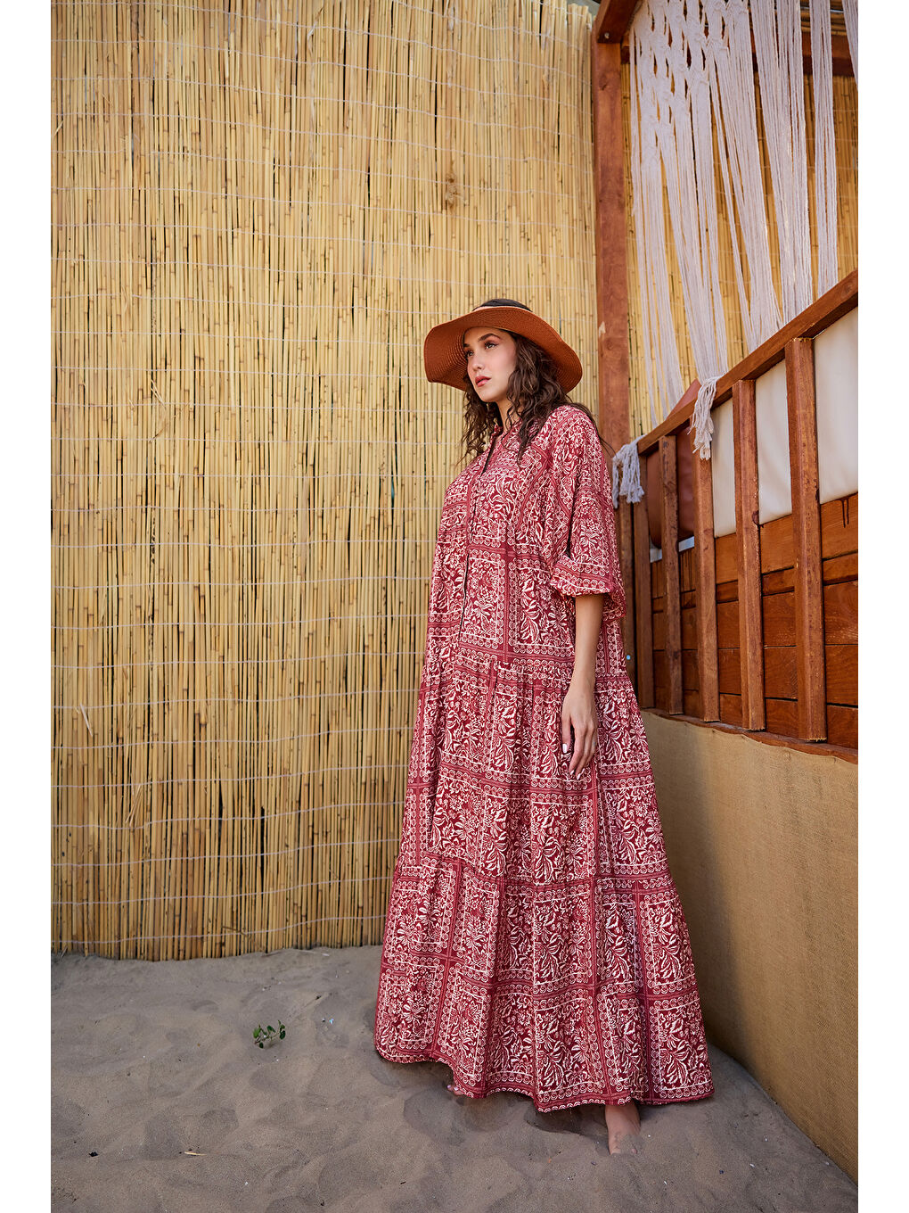 Kadın Etnik Desenli Elbise Kırmızı-2