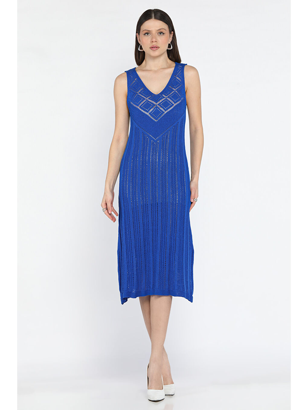 Mavi Örme Detaylı V Yaka Kadın Triko Elbise( İçlikle Giyilmesi Önerilir)